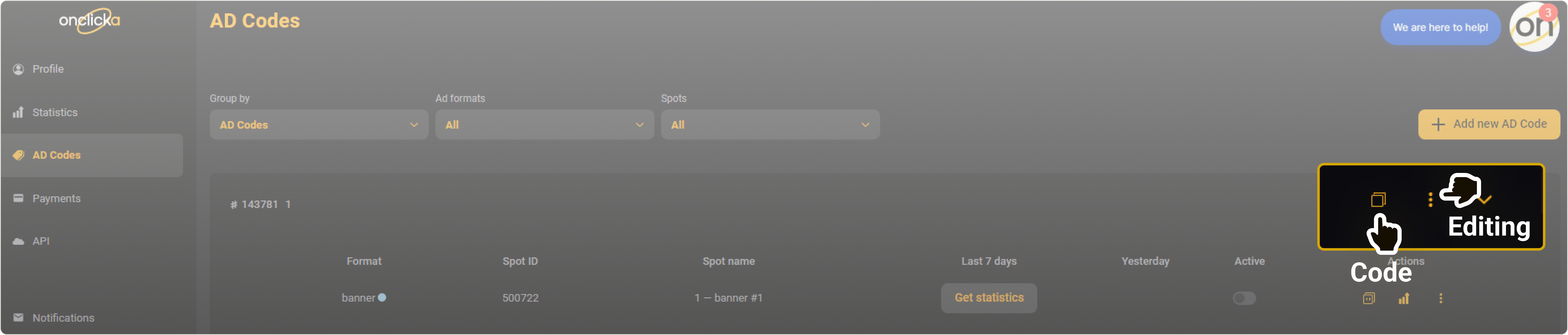 Code and editing buttons