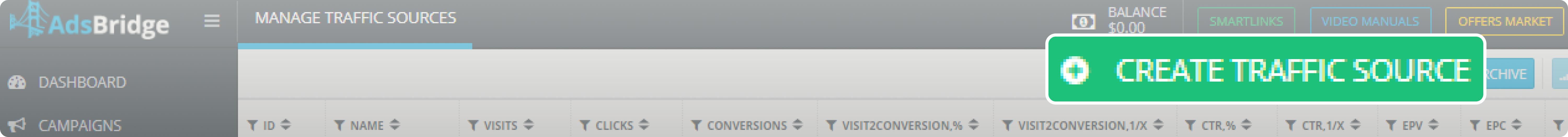 Create traffic source button