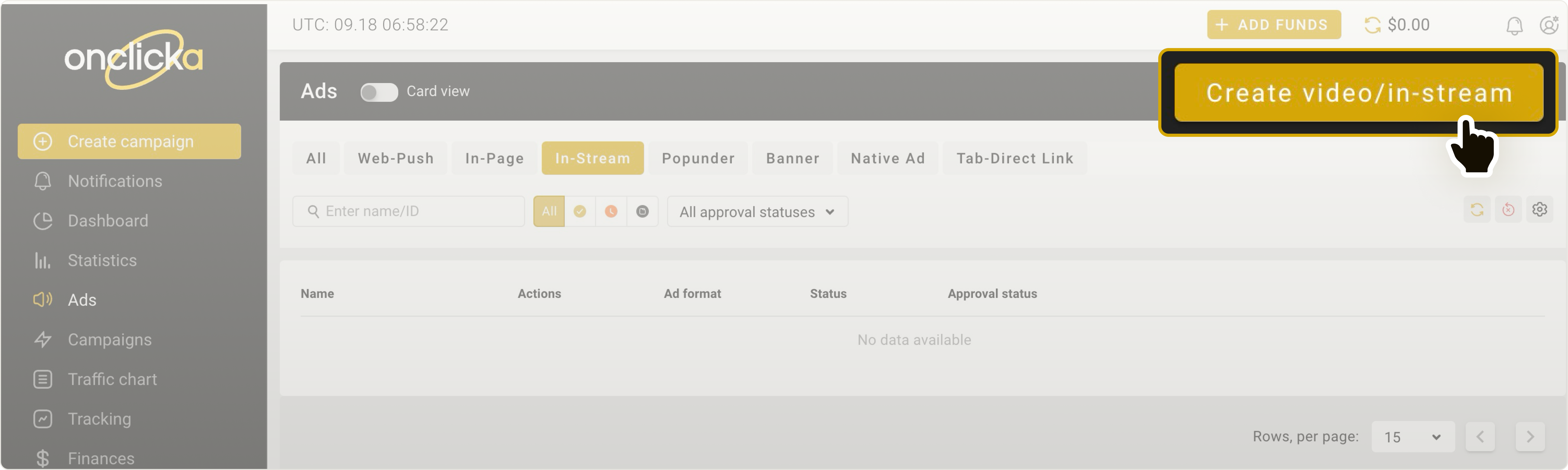 Create video/In-stream button