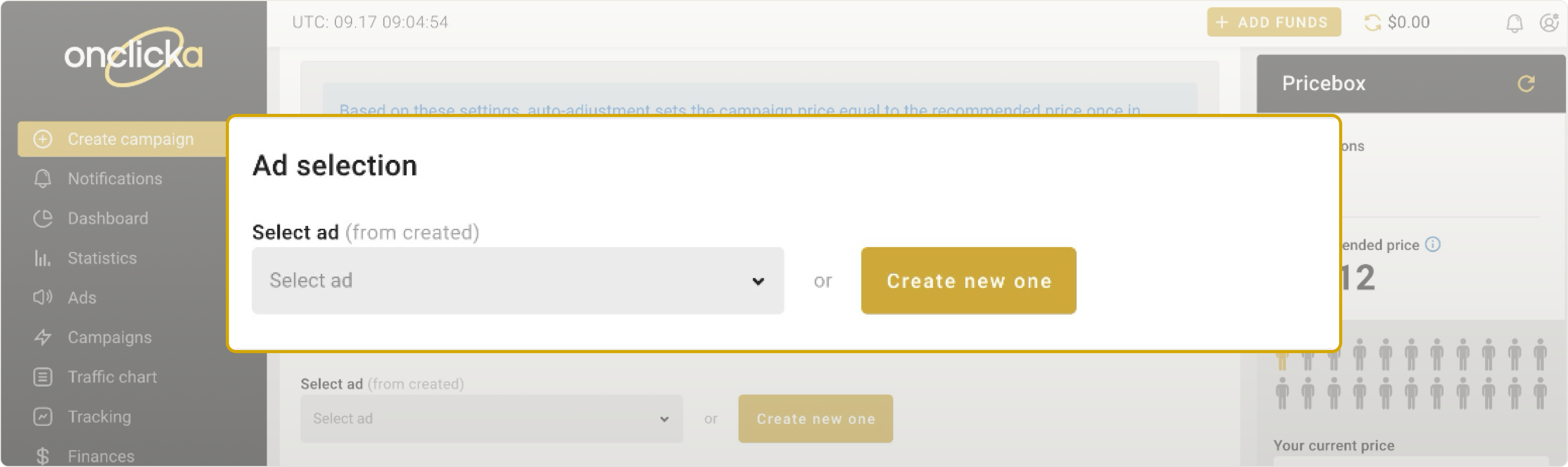 Ad selection section - selecting or creating