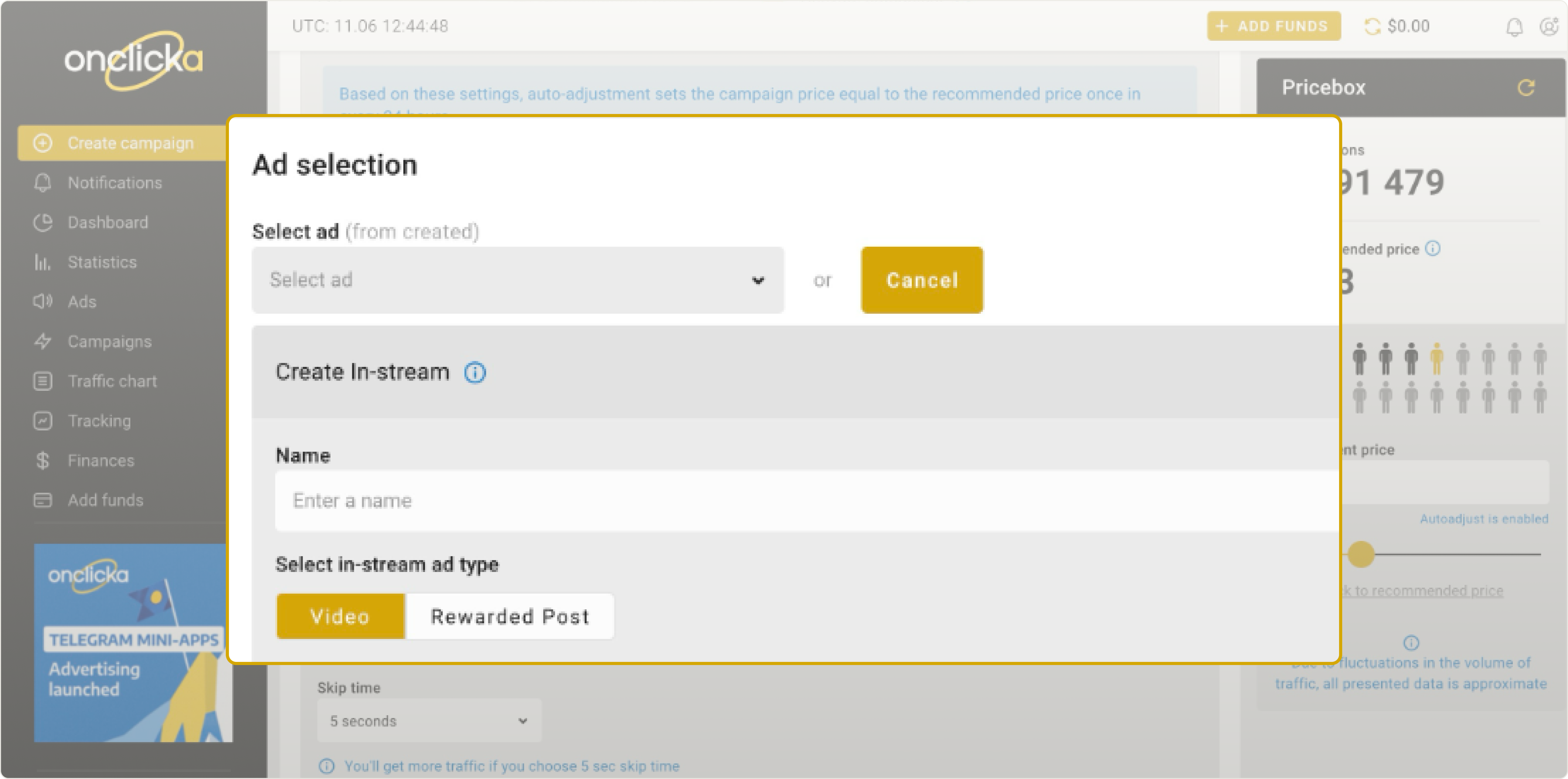 Ad selection section - creating an ad - video or post