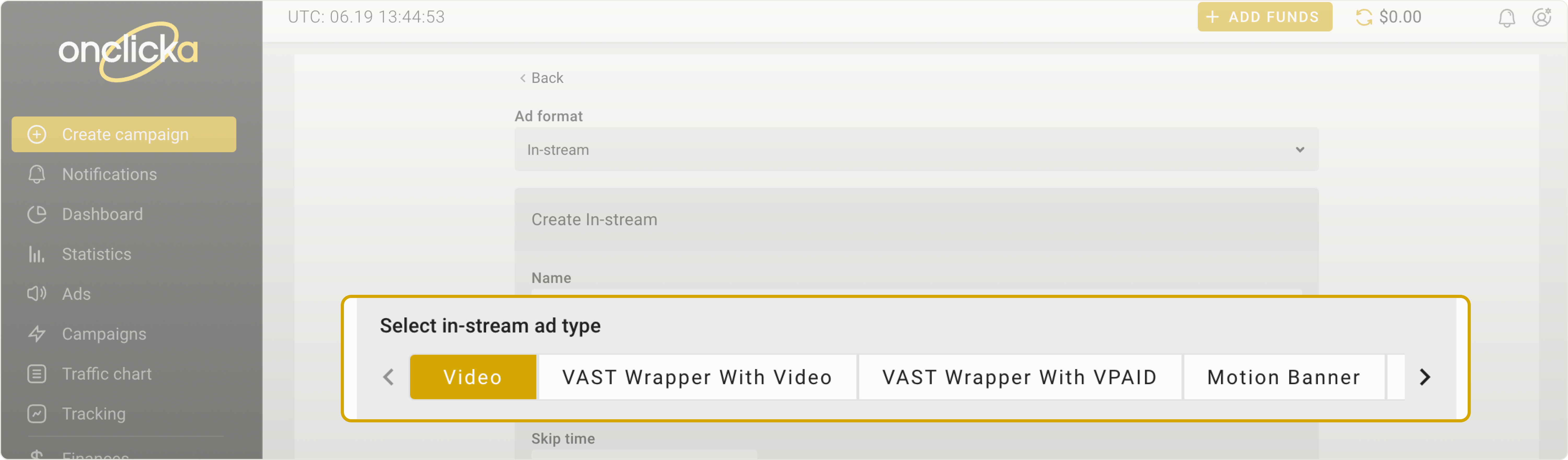 Select in-stream ad type section - Video
