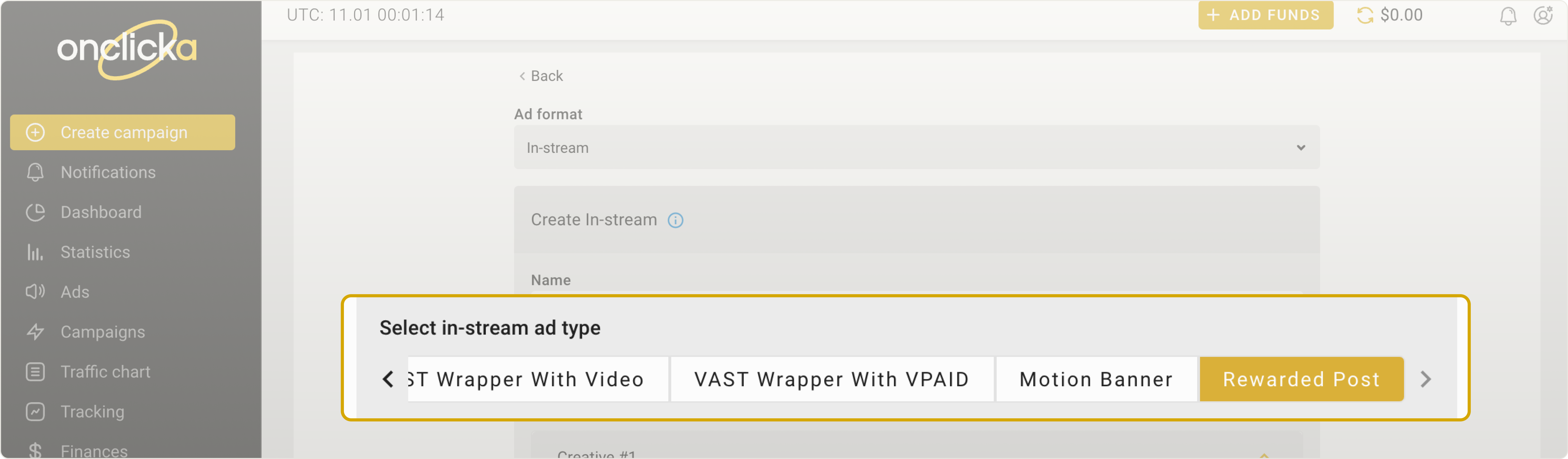 Select in-stream ad type section - Rewarded Post
