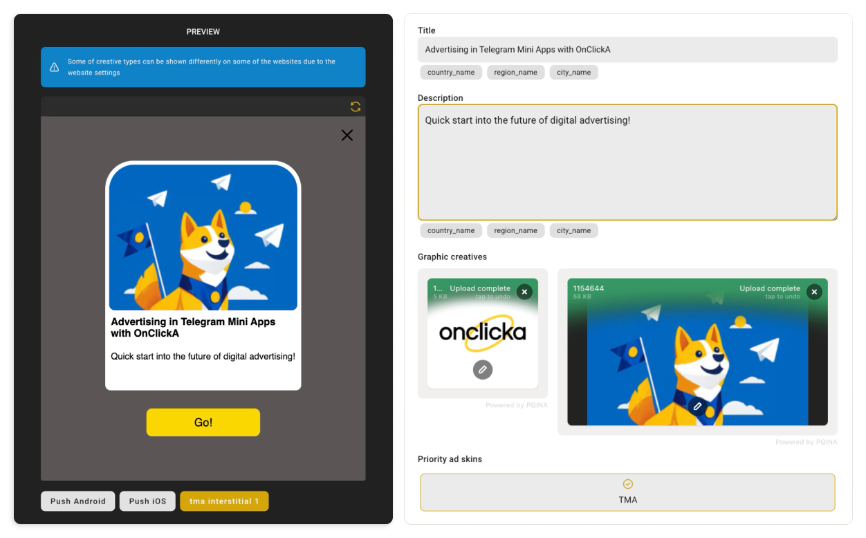 Skins for Telegram ads